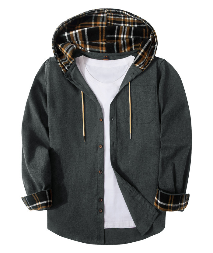 ZITY Men's Color Block Button Plaid Hoodie Shirt-ZPK007042 | Zitysports