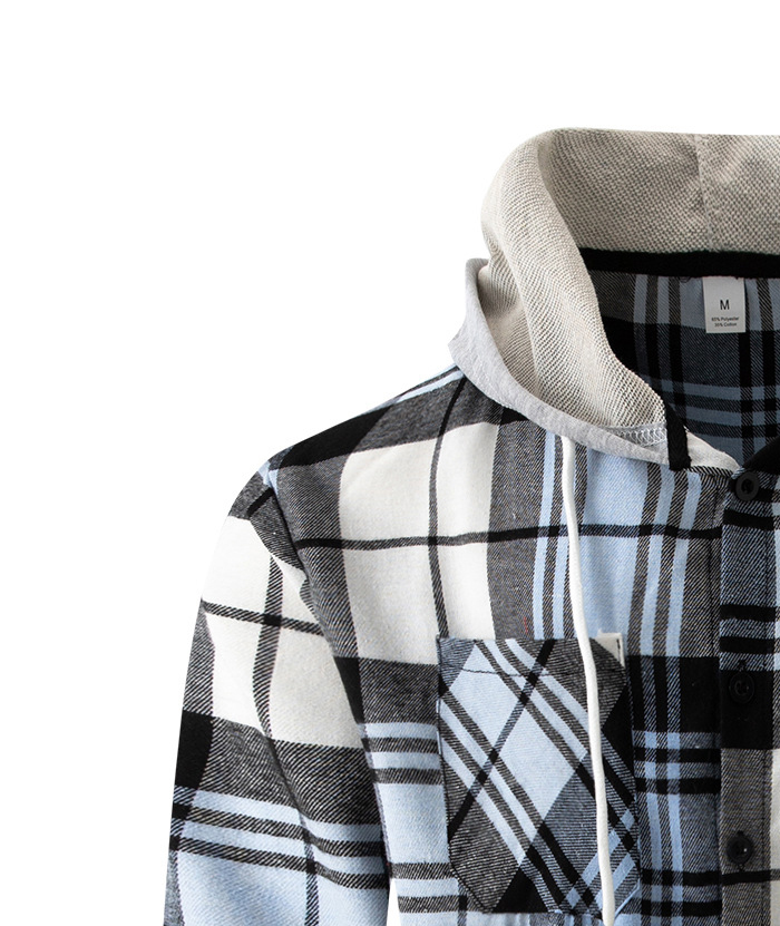 Men's Flannel Drawstring Hooded Plaid Shirt-DUMLT05801