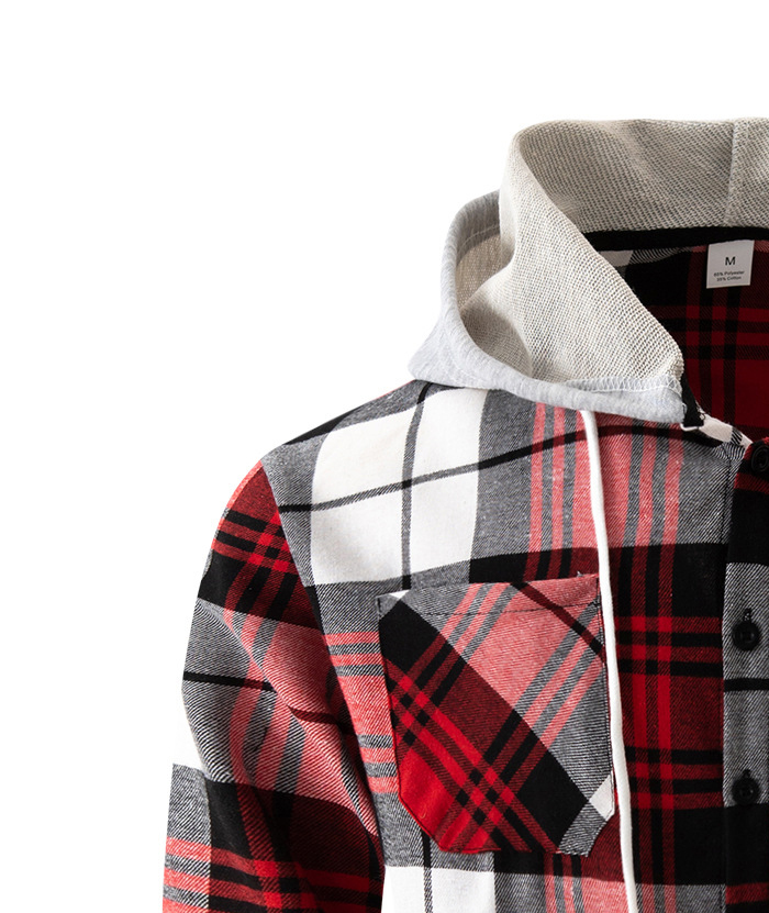 Men's Flannel Drawstring Hooded Plaid Shirt-DUMLT05801