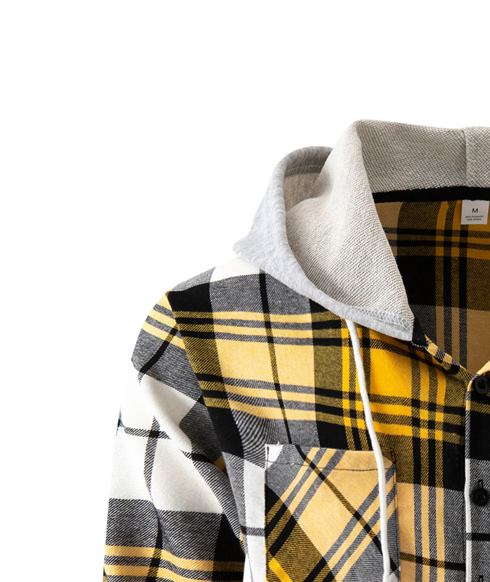 Men's Flannel Drawstring Hooded Plaid Shirt-DUMLT05801