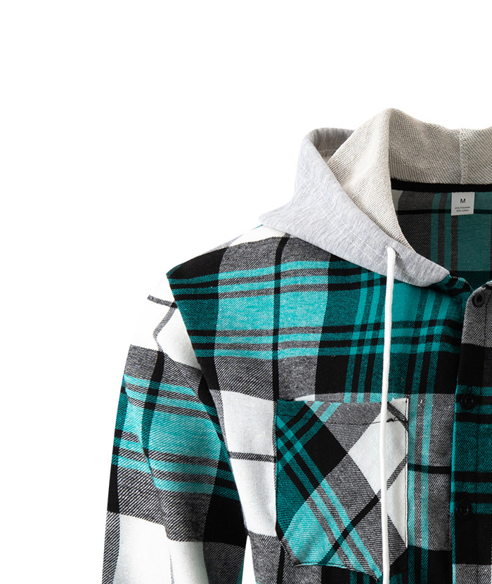 Men's Flannel Drawstring Hooded Plaid Shirt-DUMLT05801