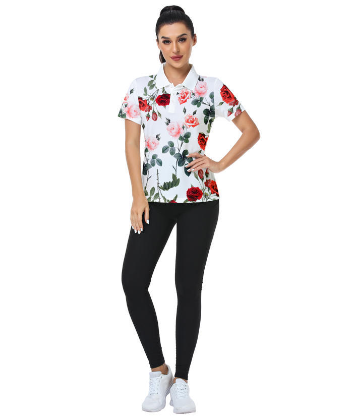 ZITY Women's Rose Print Dri Fit Golf Polo Shirt-CUWPO02665