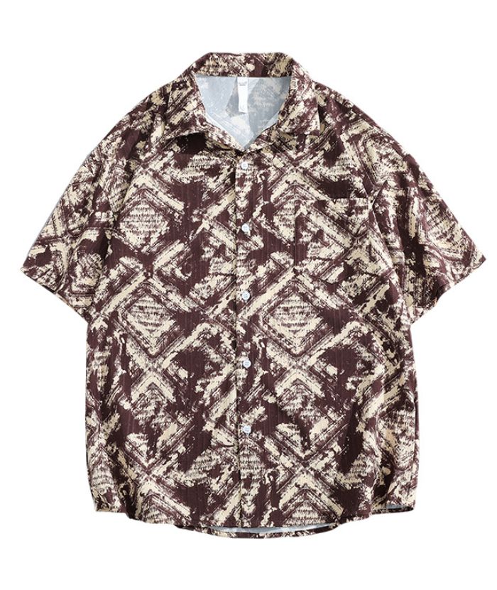 ZITY Men's Brown Short Sleeve Button-Down Abstract Geometric Print Shirt