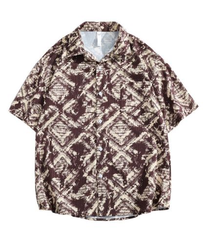 ZITY Men's Brown Short Sleeve Button-Down Abstract Geometric Print Shirt