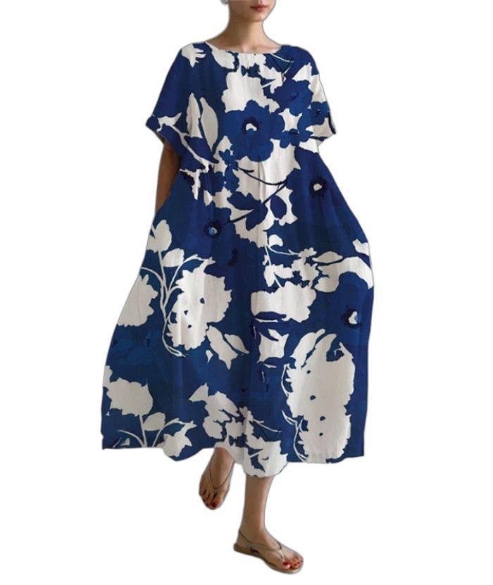 ZITY Women's Loose Round Neck Fashionable Printed Dress