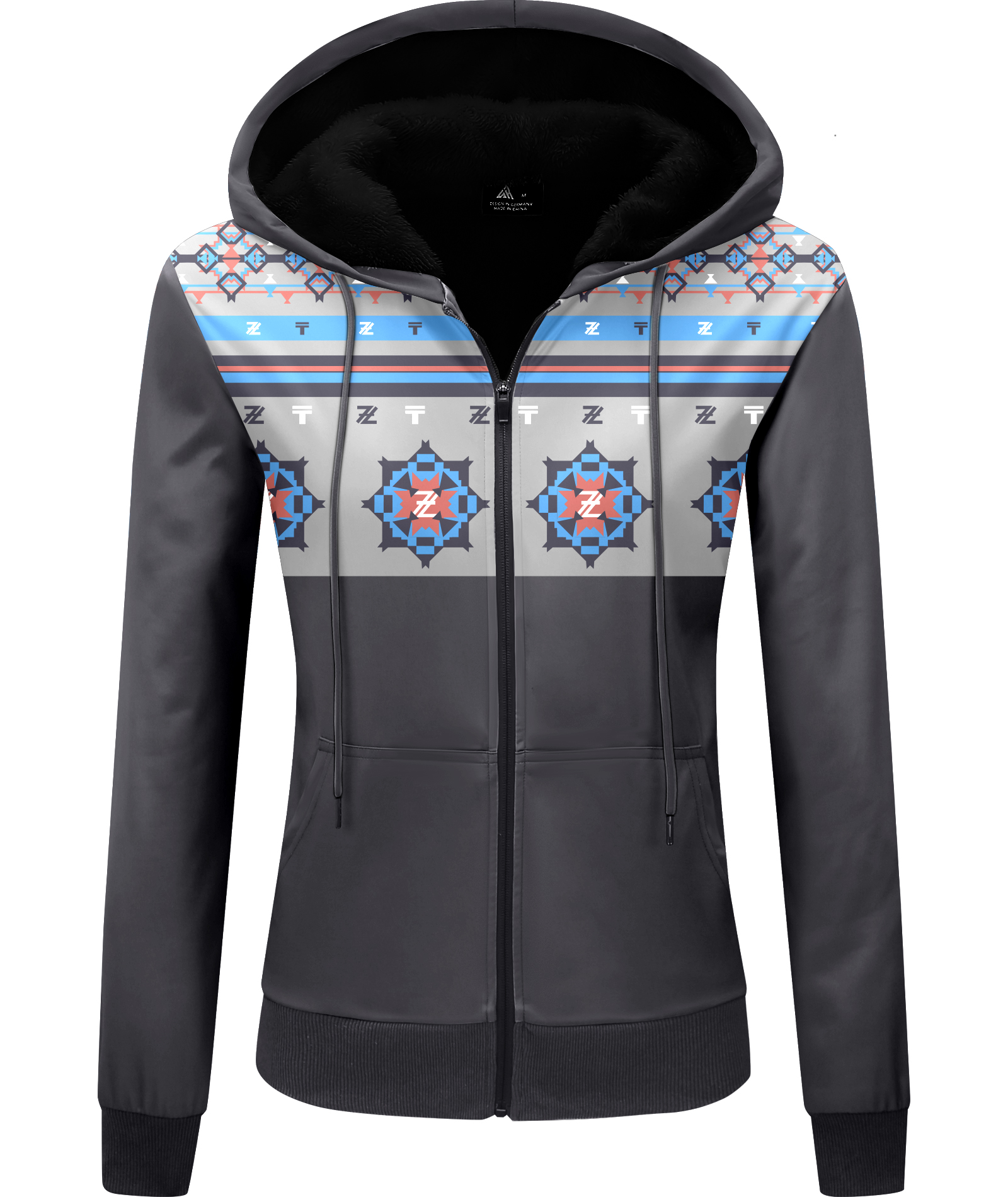 ZITY Women's Full Zipper Geometric Pattern Print Fleece Hoodie-CUWFH01396