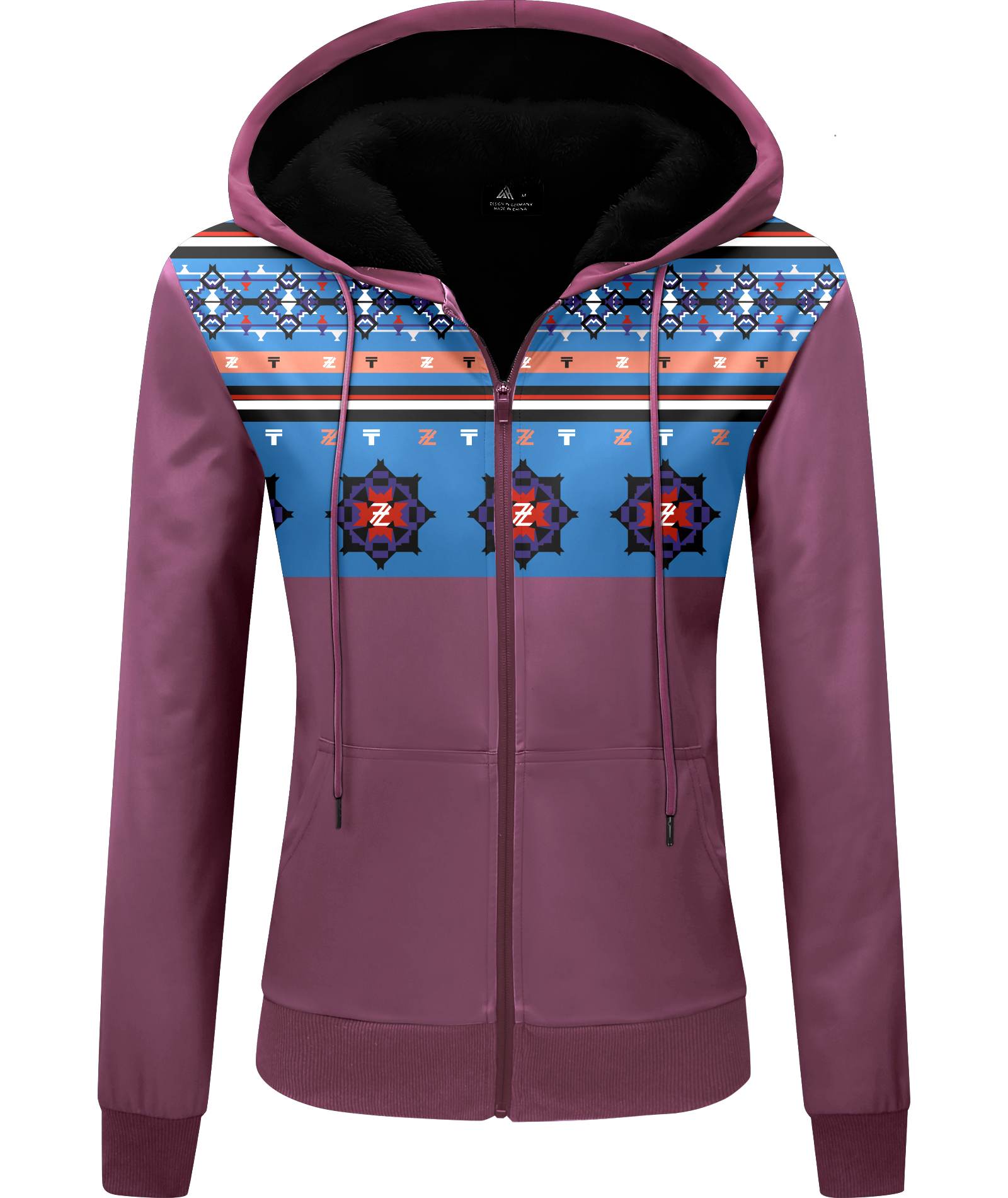 ZITY Women's Full Zipper Geometric Pattern Print Fleece Hoodie-CUWFH01396