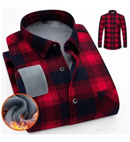 ZITY Men’s Autumn Winter Thick Fleece Lined Plaid Long Sleeve Shirt-DUMLT06584