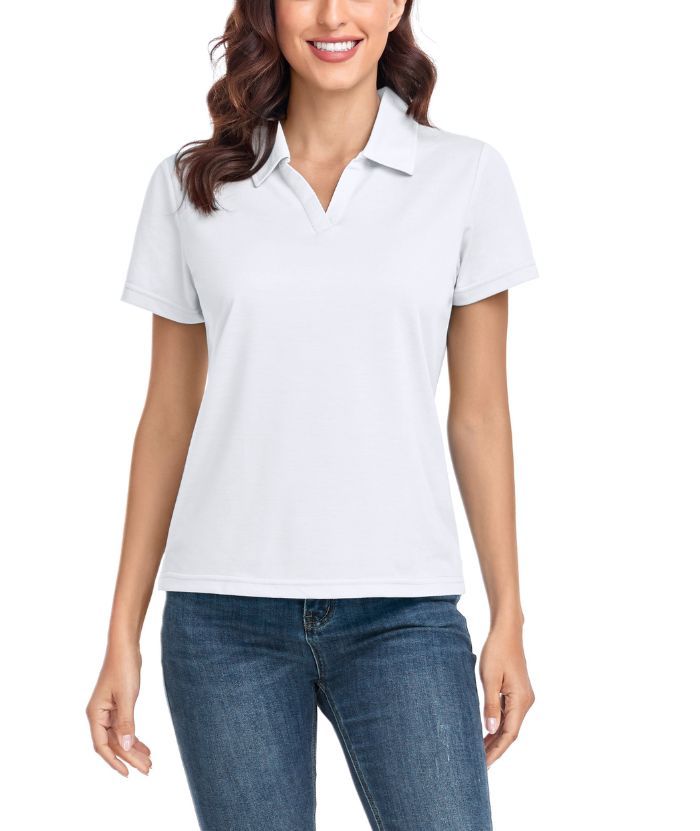 Women's Solid Color Slim Fit V Neck Golf Polo Shirt-CUWPO01589
