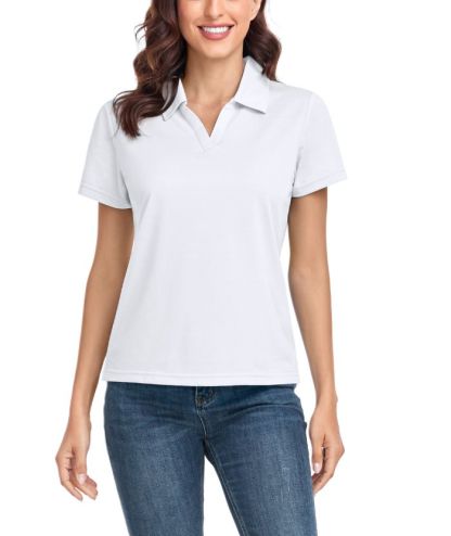 Women's Solid Color Slim Fit V Neck Golf Polo Shirt-CUWPO01589