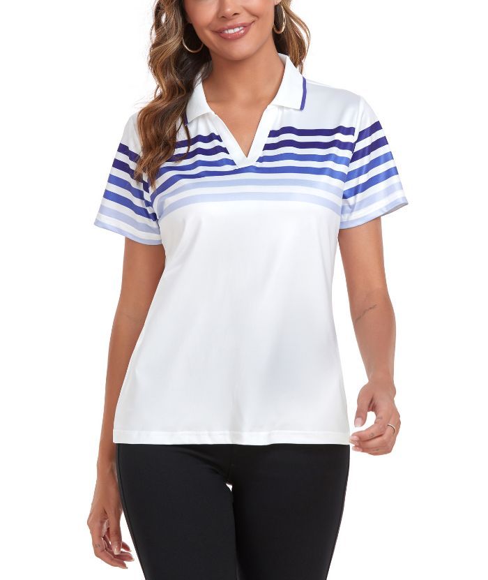 ZITY Women's V Neck Color Stripe Slim Fit Polo Shirt-CUWPO01593