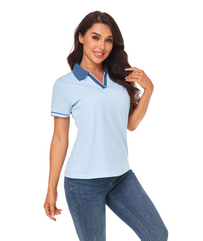 ZITY Women's V Neck Solid Color Slim Fit Polo Shirt-CUWPO01595
