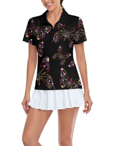 ZITY Women's Black Butterfly Print Golf Polo Shirt-CUWPO02031