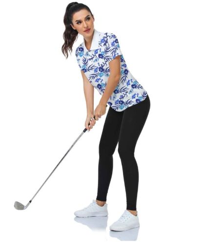 ZITY Women's Slim Fit Flower Print Golf Polo Shirt-CUWPO01327