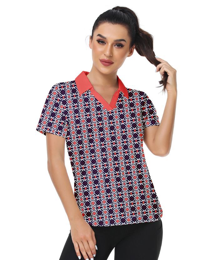 ZITY Women's Slim Fit Geometry Print Golf Polo Shirt-CUWPO01016