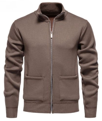 ZITY Men's Stand Collar Full Zipper Front Pocket Knitted Polo Sweater-DUMSW05053|Zitysports