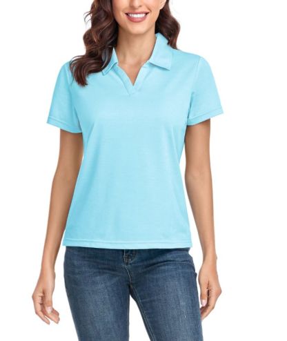 Women's Solid Color Slim Fit V Neck Golf Polo Shirt-CUWPO01589