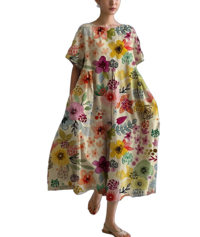 ZITY Women's Loose Round Neck Fashionable Printed Dress