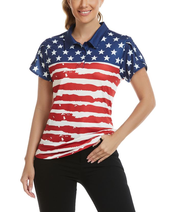 ZITY Women's American Flag Slim Fit Golf Polo Shirt-CUWPO01562