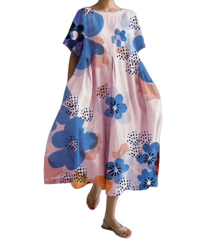 ZITY Women's Loose Round Neck Fashionable Printed Dress