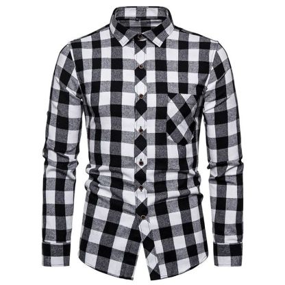 ZITY Men’s Fashion Contrast Plaid Long Sleeve Casual Shirt –
