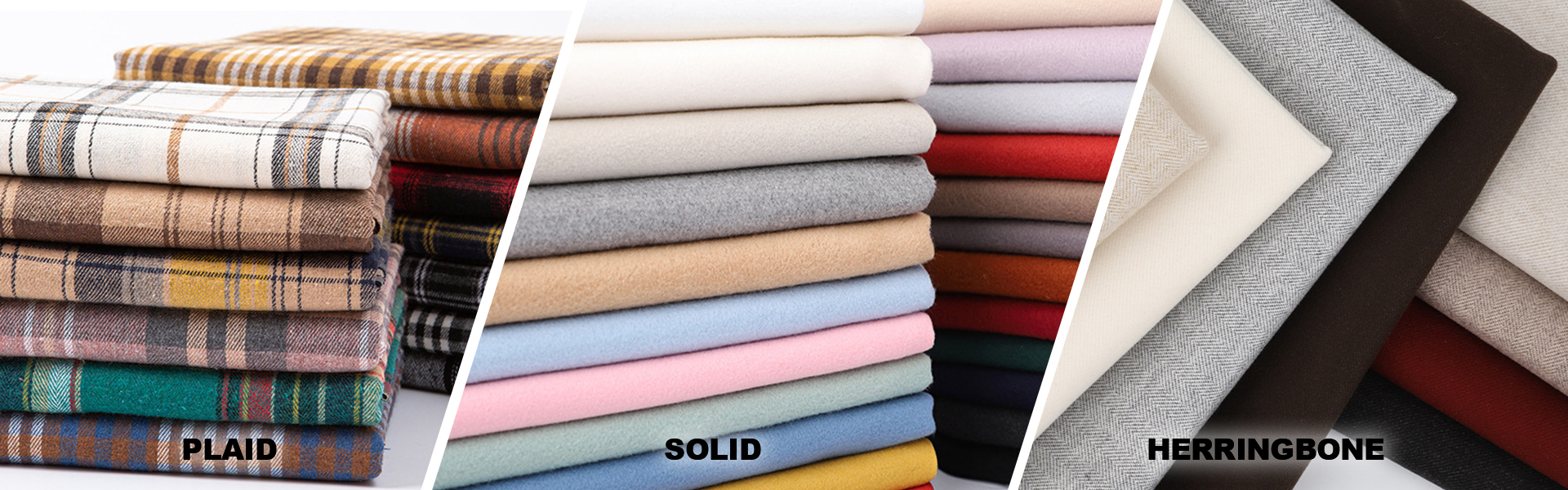Flannel fabrics in plaid, solid and herringbone patterns
