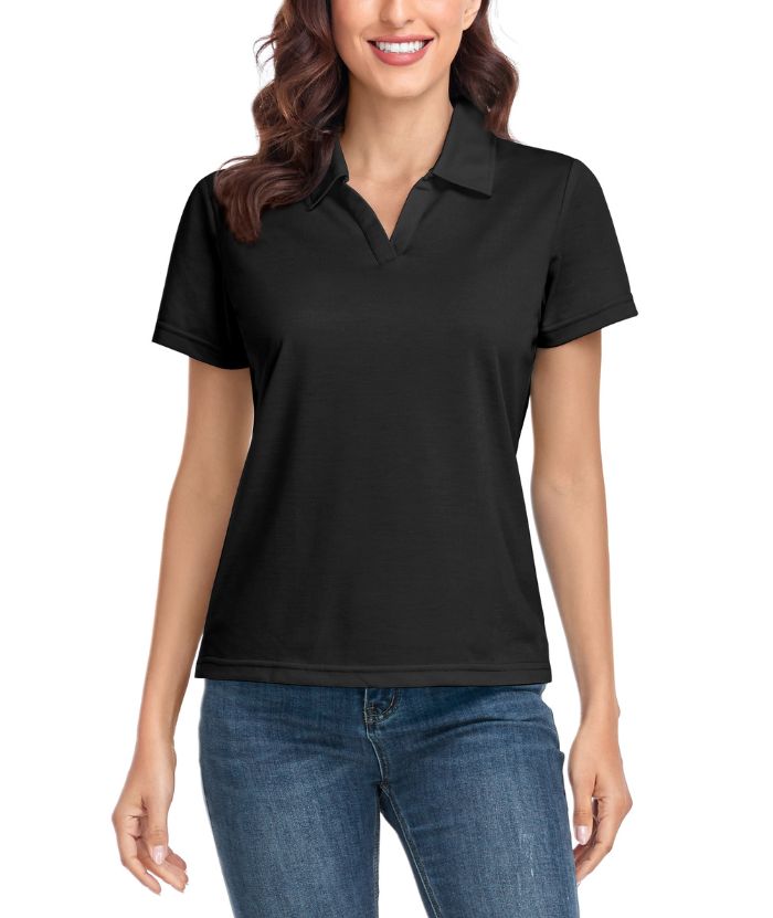 Women's Solid Color Slim Fit V Neck Golf Polo Shirt-CUWPO01589