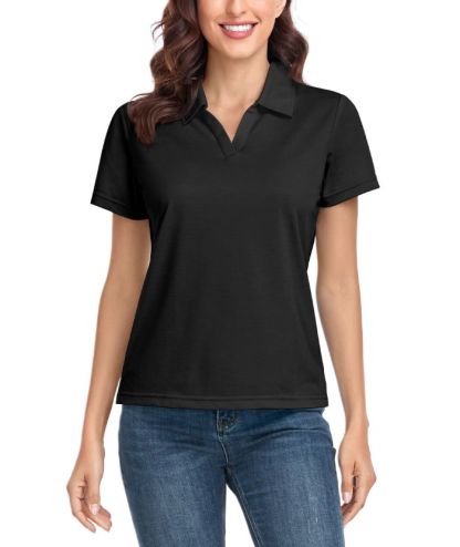 Women's Solid Color Slim Fit V Neck Golf Polo Shirt-CUWPO01589