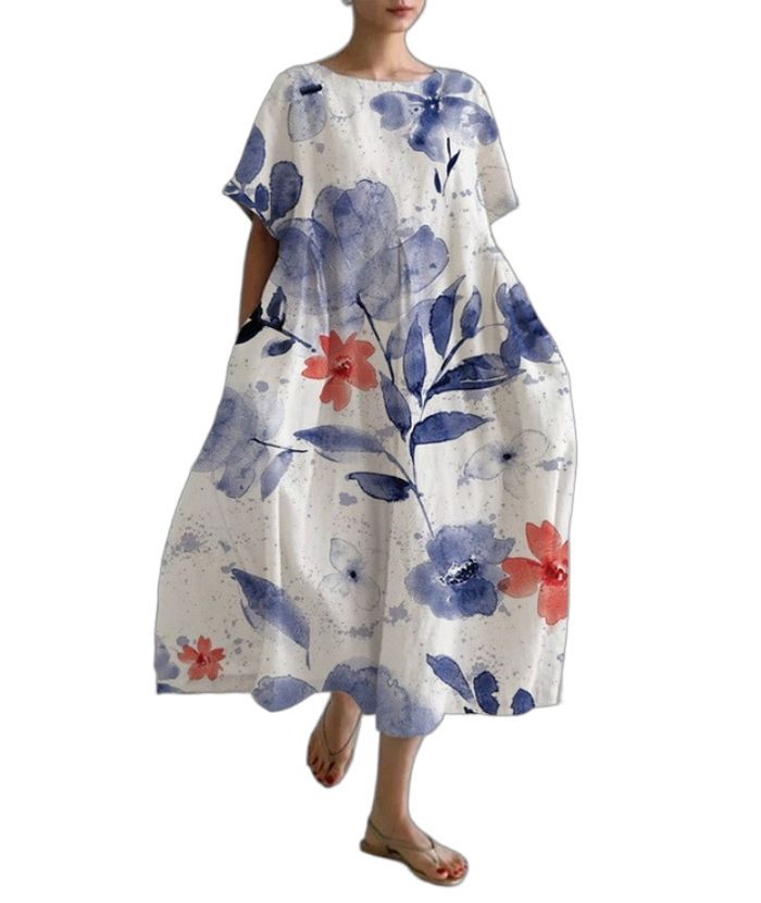 ZITY Women's Loose Round Neck Fashionable Printed Dress