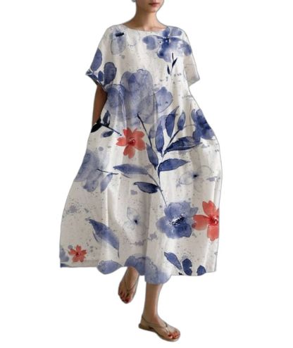 ZITY Women's Loose Round Neck Fashionable Printed Dress