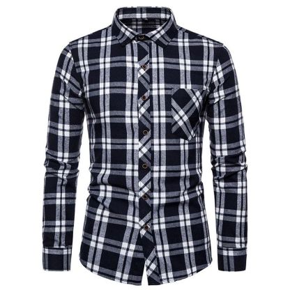 ZITY Men’s Fashion Contrast Plaid Long Sleeve Casual Shirt –