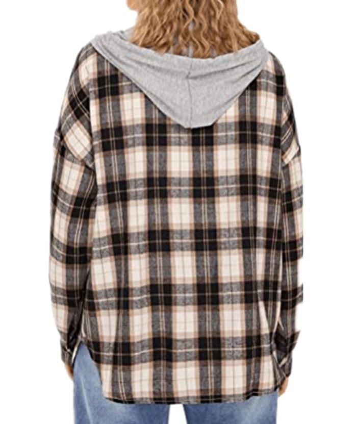 ZITY Women's Plaid Print Button Casual Long Sleeve Hoodie-DUWLT05049|Zitysports