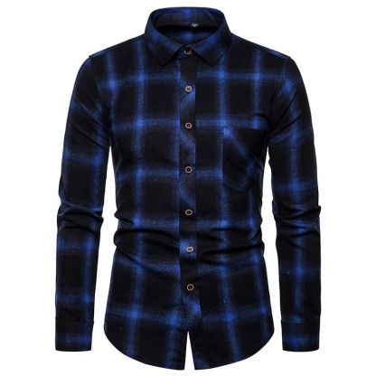 ZITY Men’s Fashion Contrast Plaid Long Sleeve Casual Shirt –