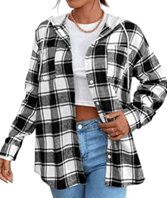 ZITY Women's Plaid Print Button Casual Long Sleeve Hoodie-DUWLT05049|Zitysports