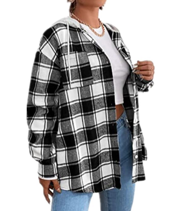 ZITY Women's Plaid Print Button Casual Long Sleeve Hoodie-DUWLT05049|Zitysports
