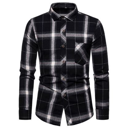 ZITY Men’s Fashion Contrast Plaid Long Sleeve Casual Shirt –