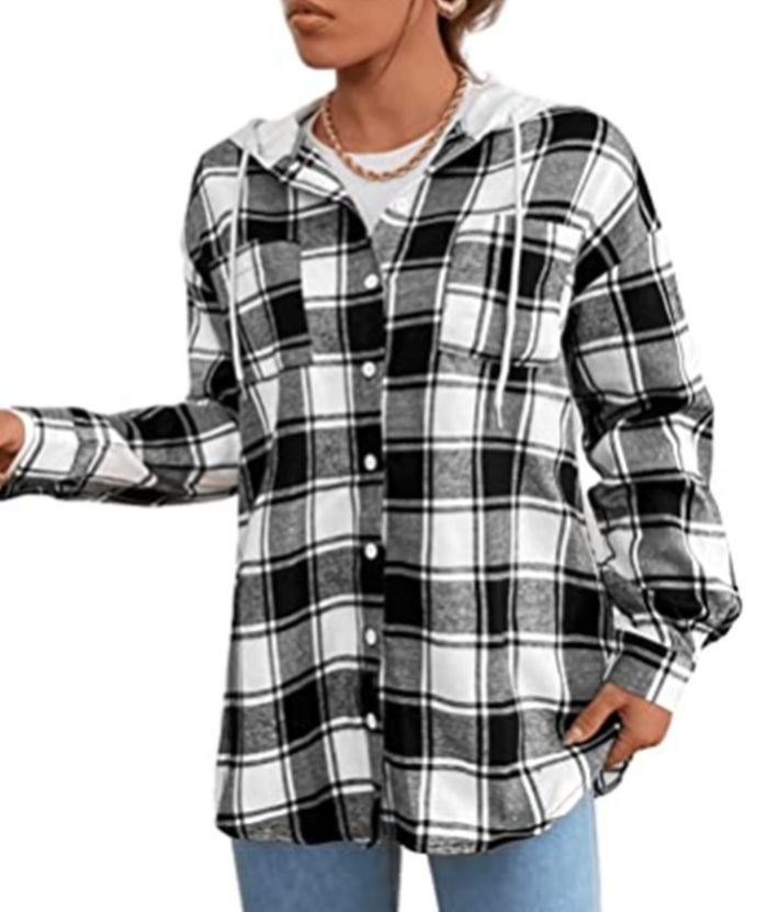 ZITY Women's Plaid Print Button Casual Long Sleeve Hoodie-DUWLT05049|Zitysports