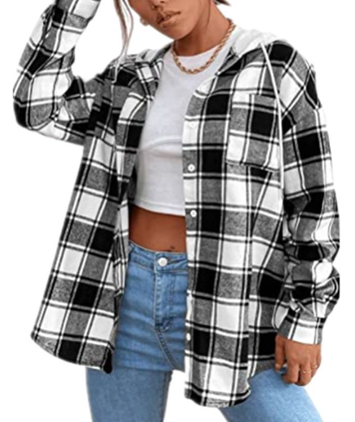 ZITY Women's Plaid Print Button Casual Long Sleeve Hoodie-DUWLT05049|Zitysports
