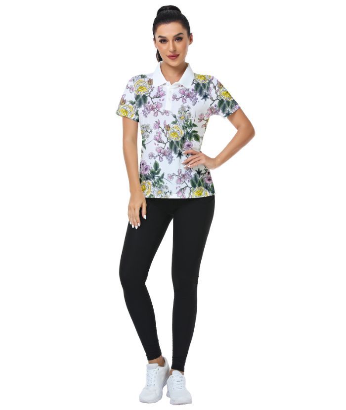 ZITY Women's Flower Printed Dri Fit Golf Polo Shirt-CUWPO02667