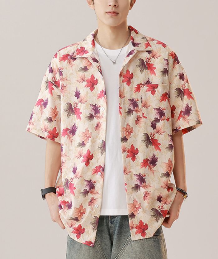 ZITY Men's Casual Short Sleeve Maple Leaf Print Hawaiian Style Shirt