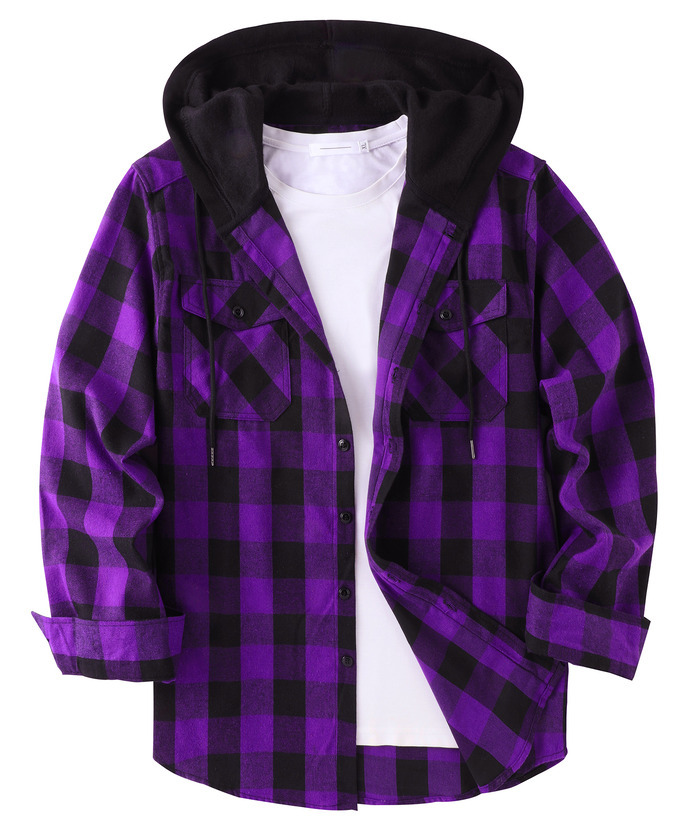 ZITY Men's Button Up Long Sleeve Plaid Hoodie-CUMLT03681