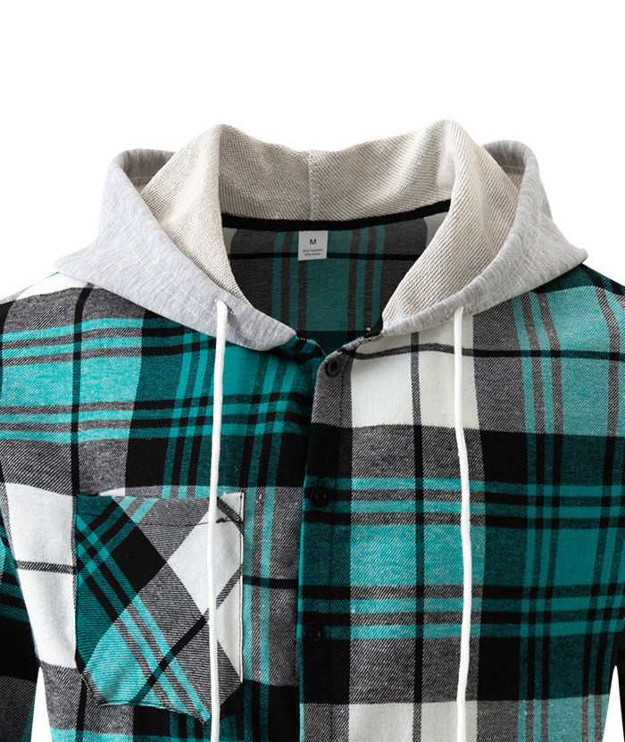 Men's Flannel Drawstring Hooded Plaid Shirt-DUMLT05801