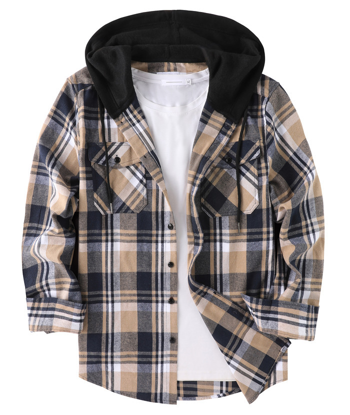 ZITY Men's Color Block Plaid Flannel Hoodie Shirt-ZPK006185