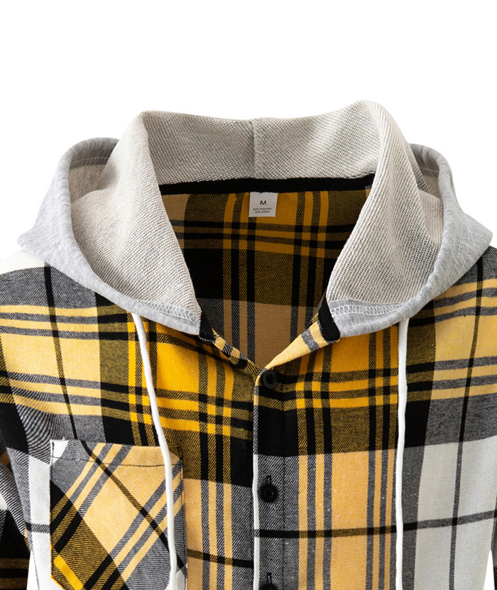 Men's Flannel Drawstring Hooded Plaid Shirt-DUMLT05801