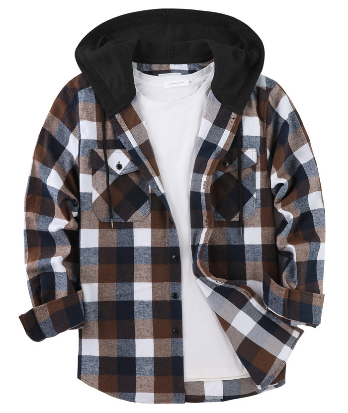 ZITY Men's Color Block Plaid Flannel Hoodie Shirt-ZPK006185