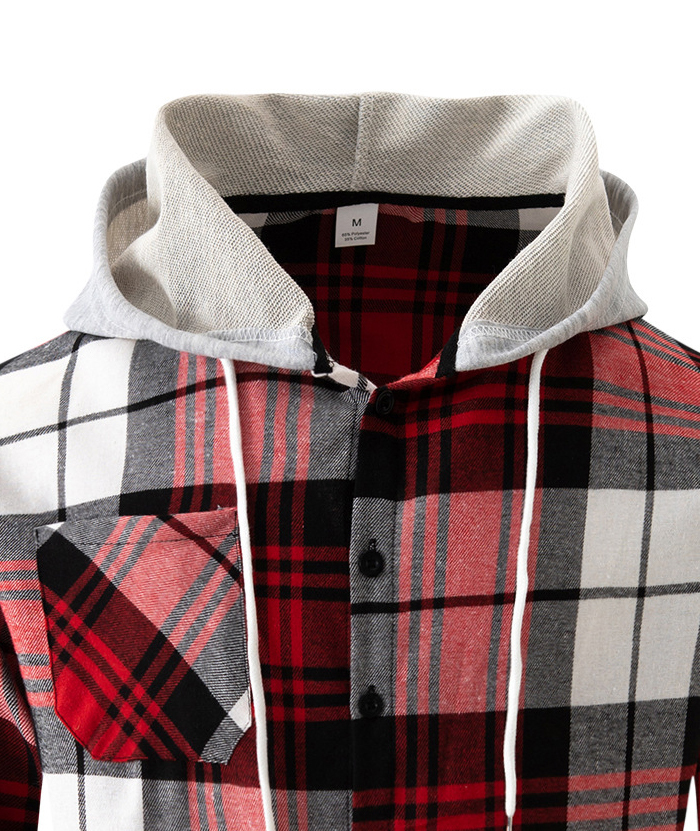 Men's Flannel Drawstring Hooded Plaid Shirt-DUMLT05801