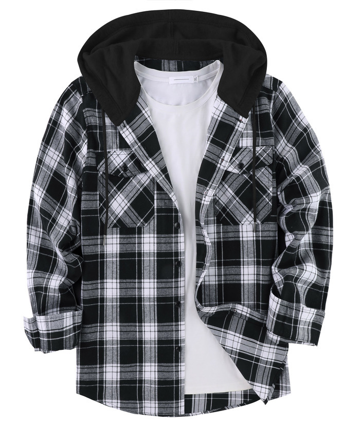 ZITY Men's Color Block Plaid Flannel Hoodie Shirt-ZPK006185