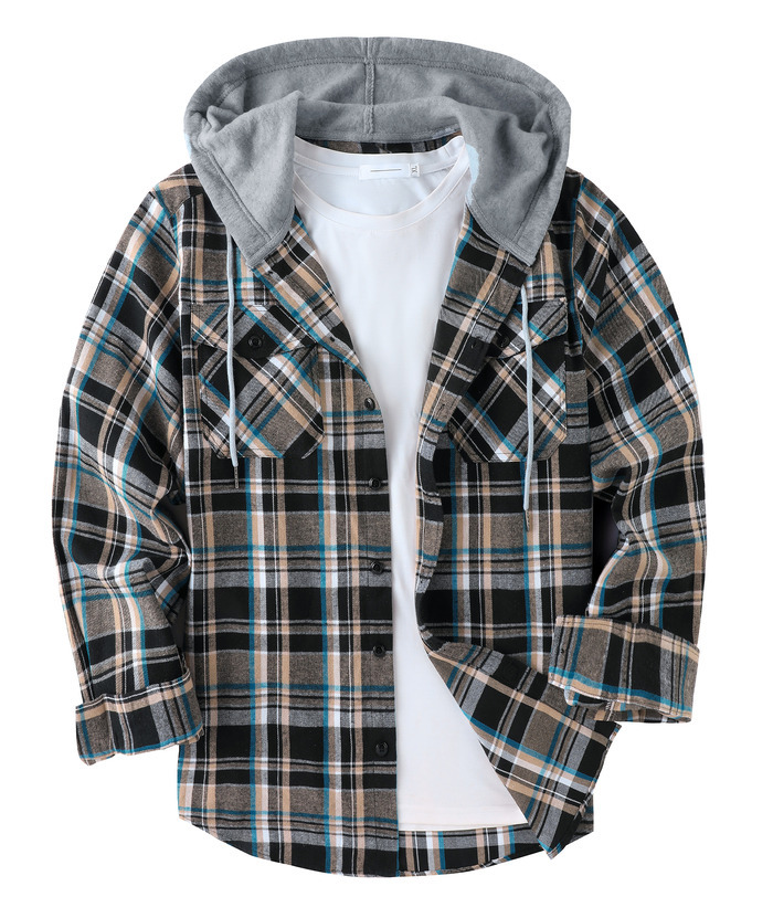 ZITY Men's Button Up Hooded Flannel Hoodie Plaid Shirt-ZPK006183