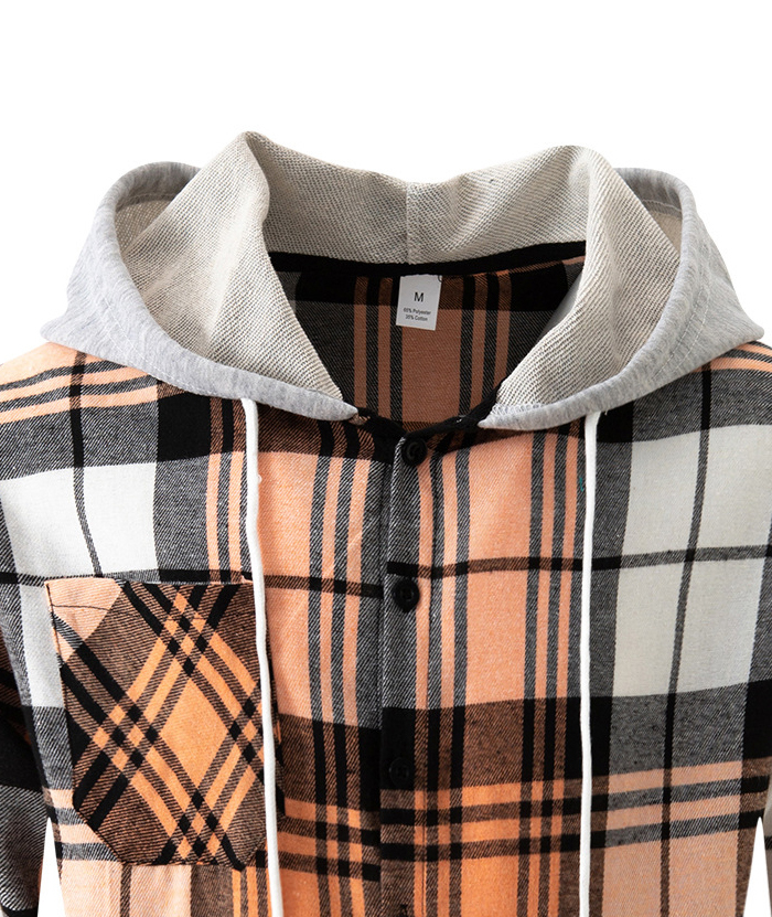 Men's Flannel Drawstring Hooded Plaid Shirt-DUMLT05801