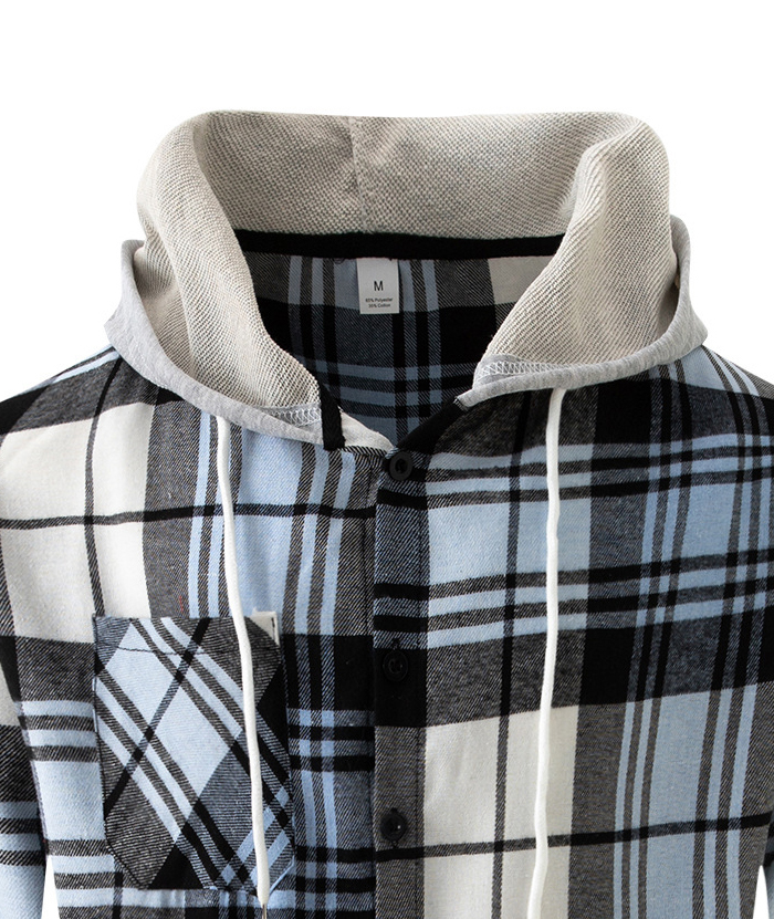 Men's Flannel Drawstring Hooded Plaid Shirt-DUMLT05801